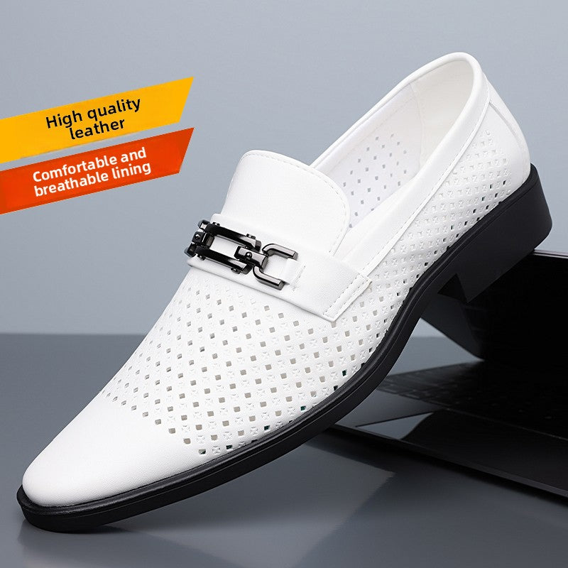 Men's Breathable Hollow Leather Shoes with Metal Buckle