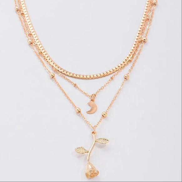 Bohemia Multilayer Moon Gold Color Pendant Necklaces For Women Rose Flower Choker Necklace 2025 Fashion Jewelry Party Gift Valentine's Day Gifts