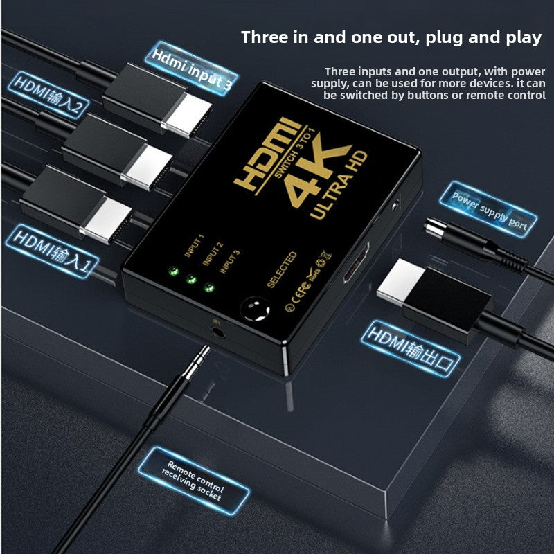 HDMI 1.4 Switcher 3-in-1 Out with Remote for 4K/2K