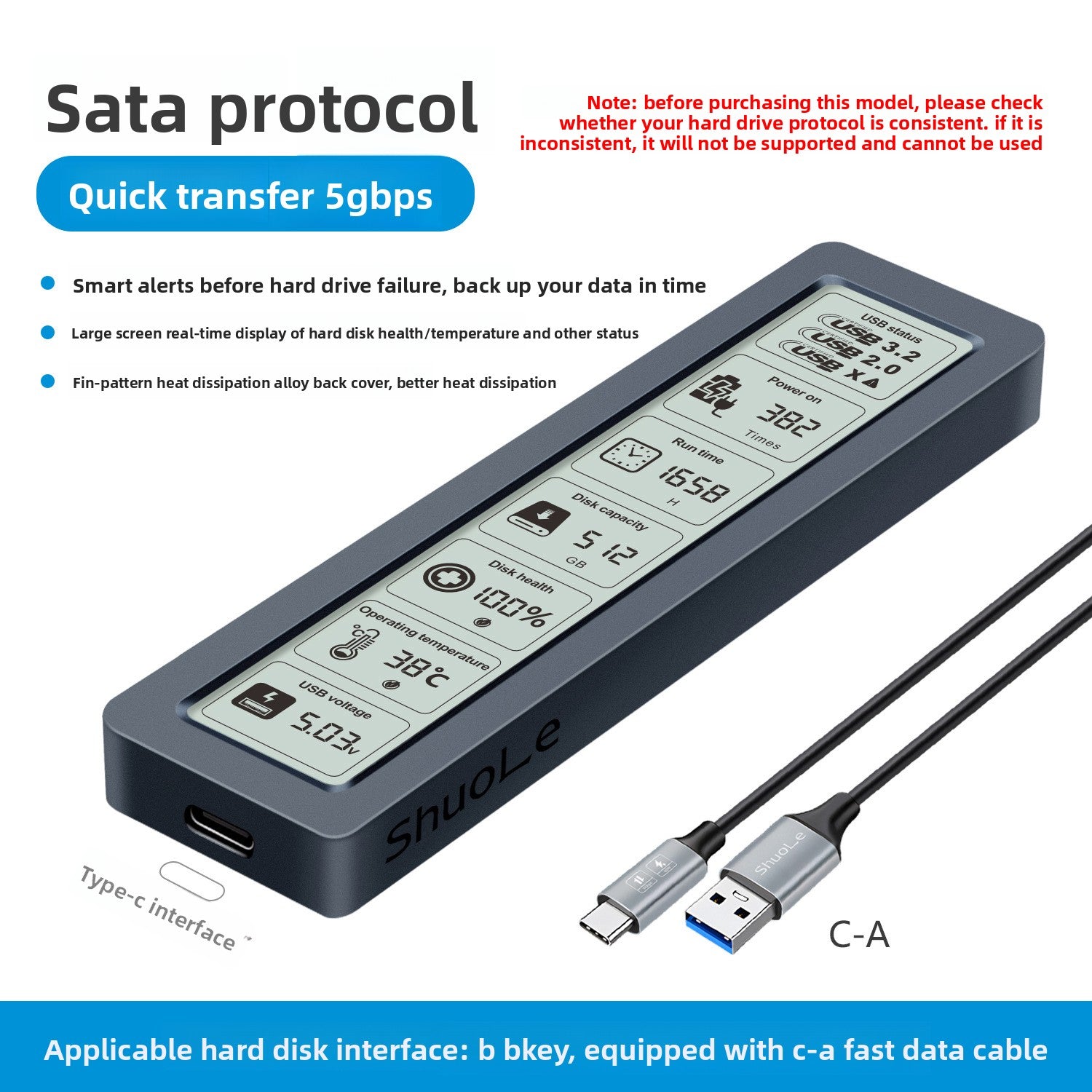M.2 Smart Screen Display SSD Enclosure USB