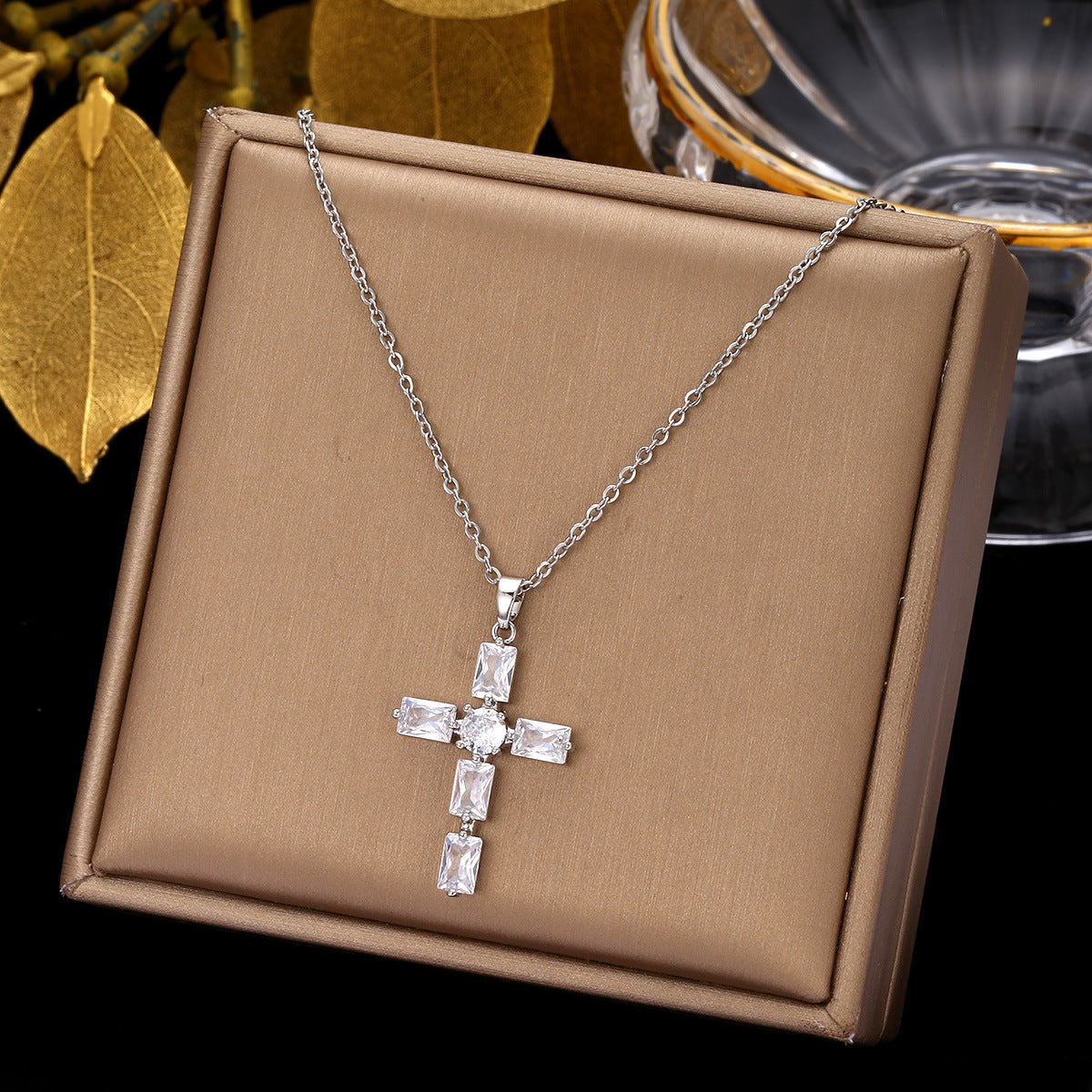 Gold Cross Necklace Set with Large Diamonds