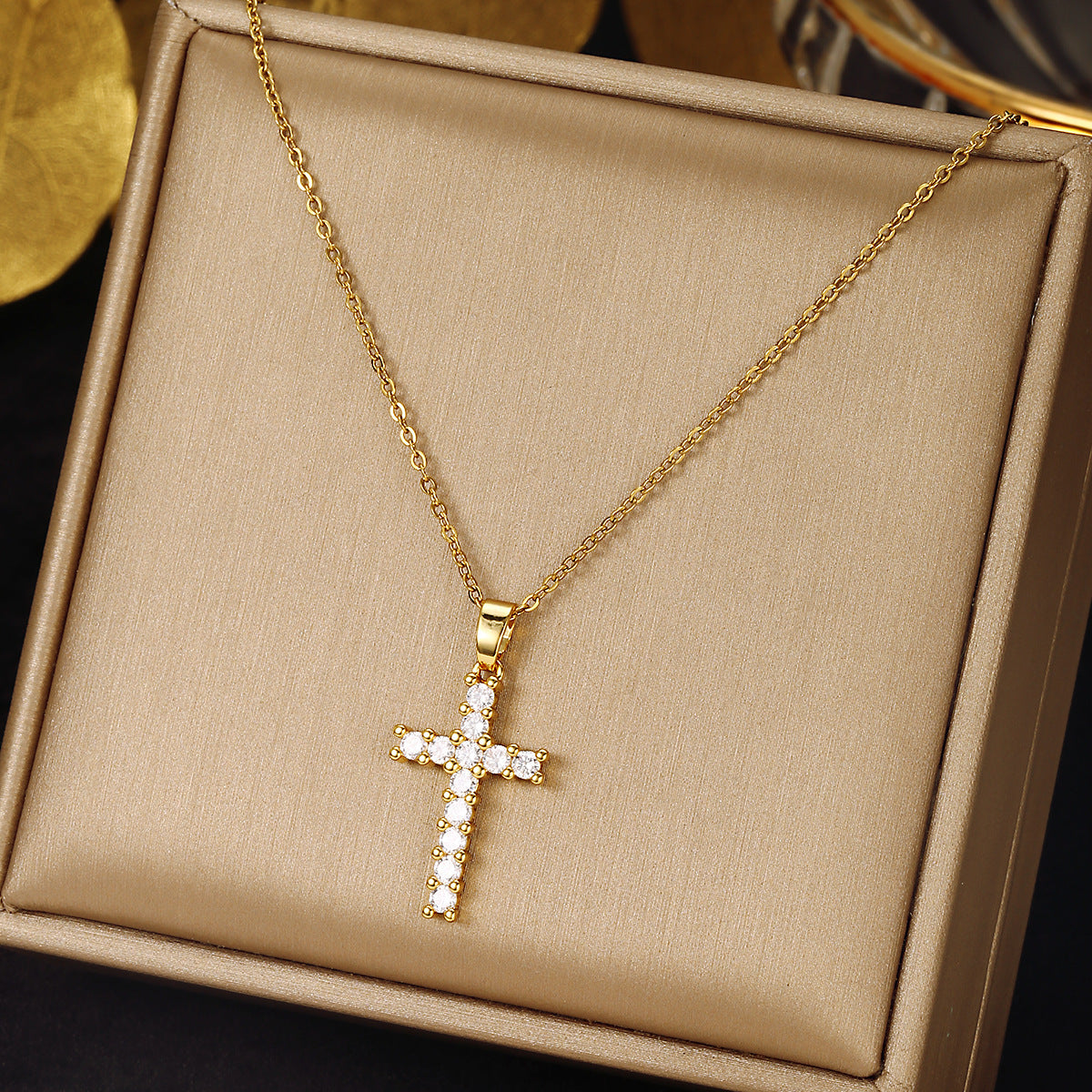Gold Cross Necklace Set with Large Diamonds