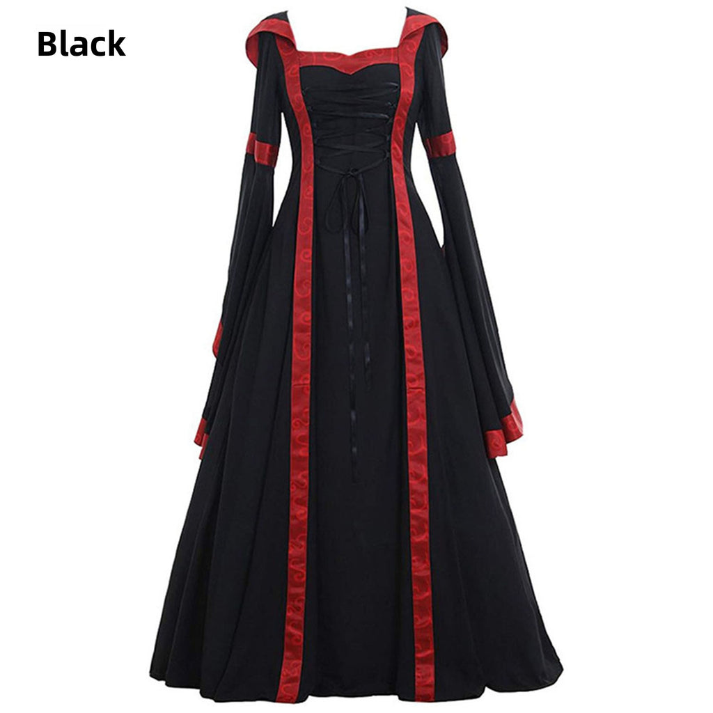 Retro hooded dress with square neckline, drawstring hem and flared sleeves, long skirt