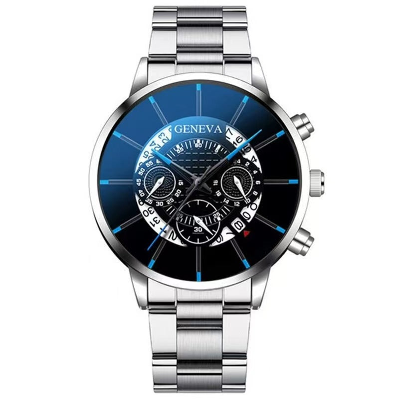Geneva Men's Quartz Watch with Calendar - Sporty Steel Band