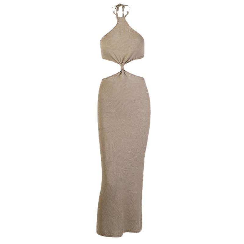 European and American Women's Summer New Hanging Neck Short Sleeve Backless Sexy Holiday Hollow-out dress A21056 Slim-fit