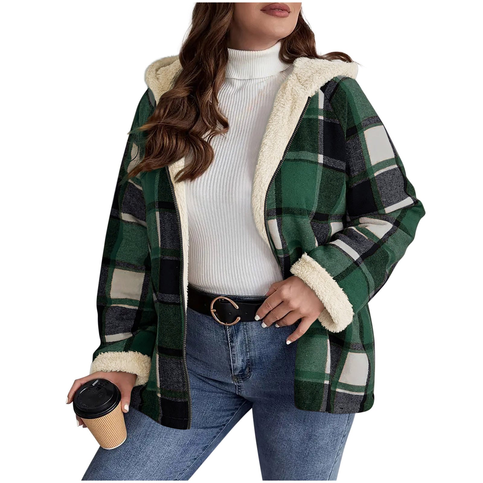 Checkered Patchwork Fleece-Lined Hooded Sweatshirt Jacket