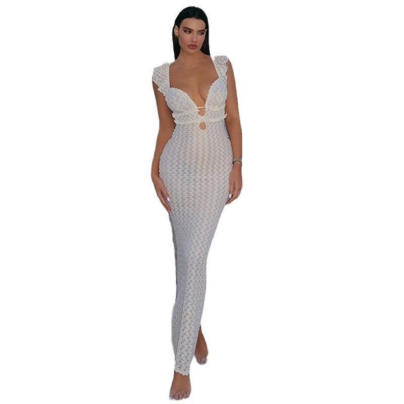 Women's Sexy V-neck Knitted Backless Long Dress