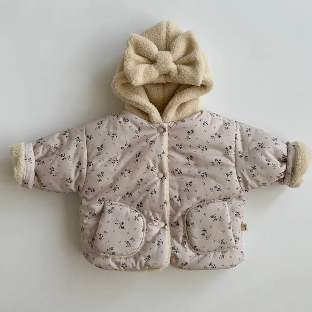 Ins Korean Style Autumn and Winter New Baby Girl's Thickened Hooded Cotton-padded Jacket Girl's Lamb Fleece Floral Cotton-padded Jacket
