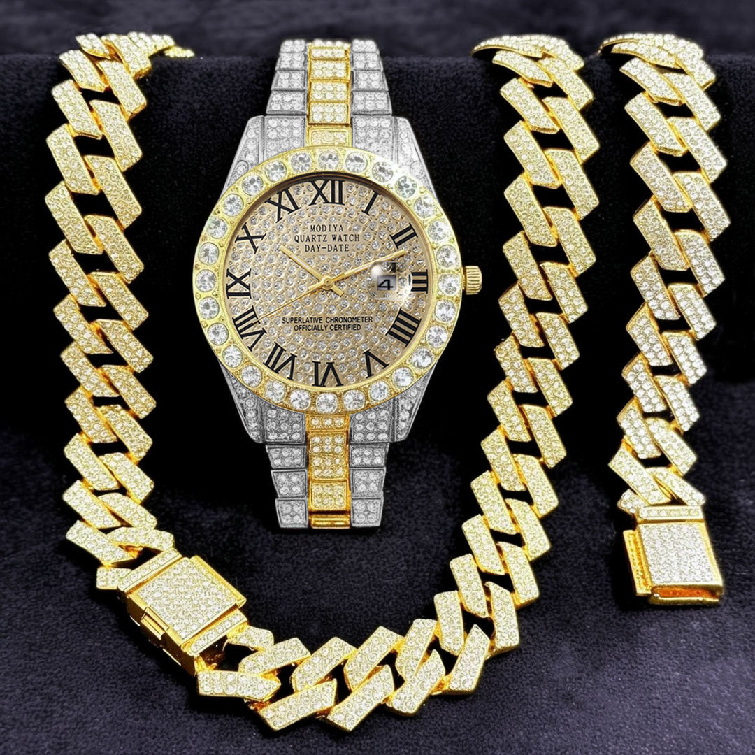 Diamond Cuban Chain Watch Bracelet Necklace Set