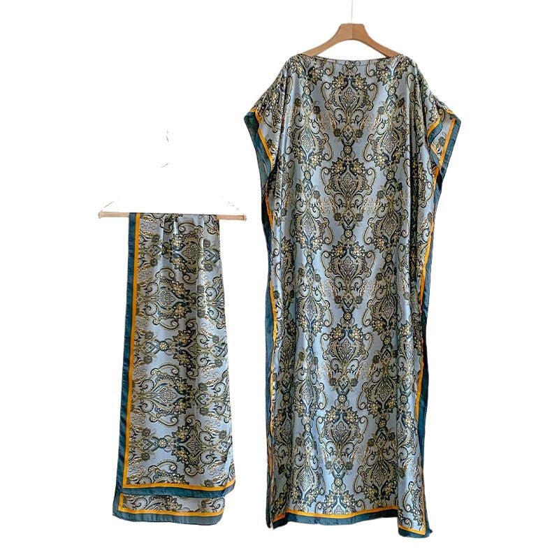 Beach vacation faux silk scarf dress
