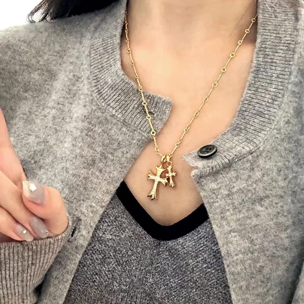 Double Cross Diamond Pendant Gold Plated Necklace