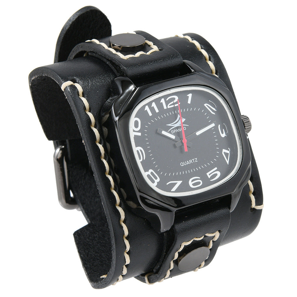 Men's Retro Leather Quartz Watch with Alloy Buckle
