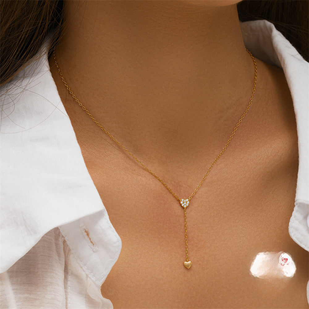 Pure silver tassel Y-shaped double-heart diamond-encrusted collarbone chain, a high-end and elegant necklace accessory