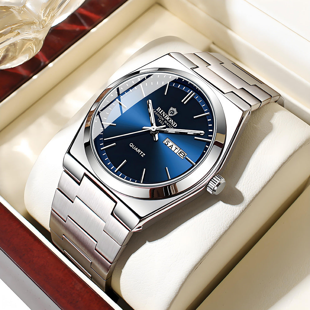 Binbang Stainless Steel Men's Quartz Watch with Double Calendar