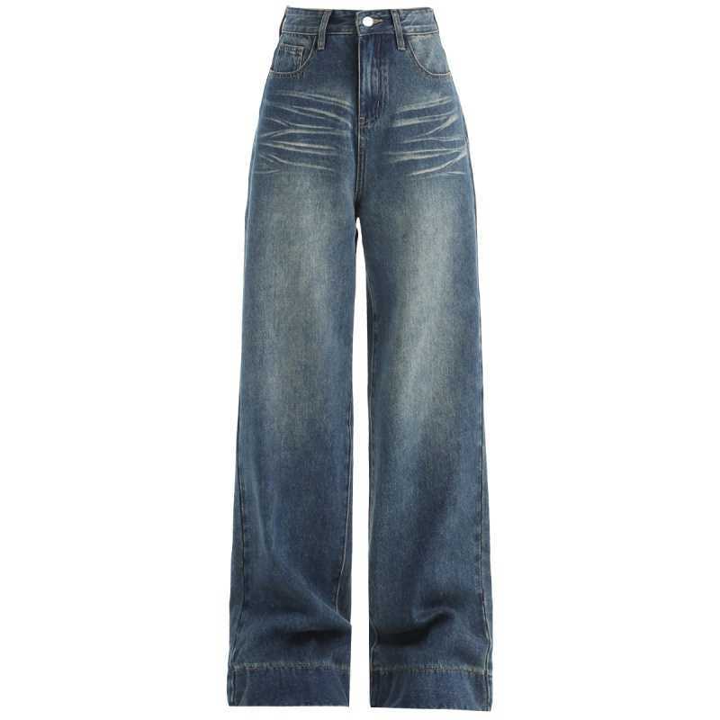 American Retro Wide Leg High Waist Washed Jeans