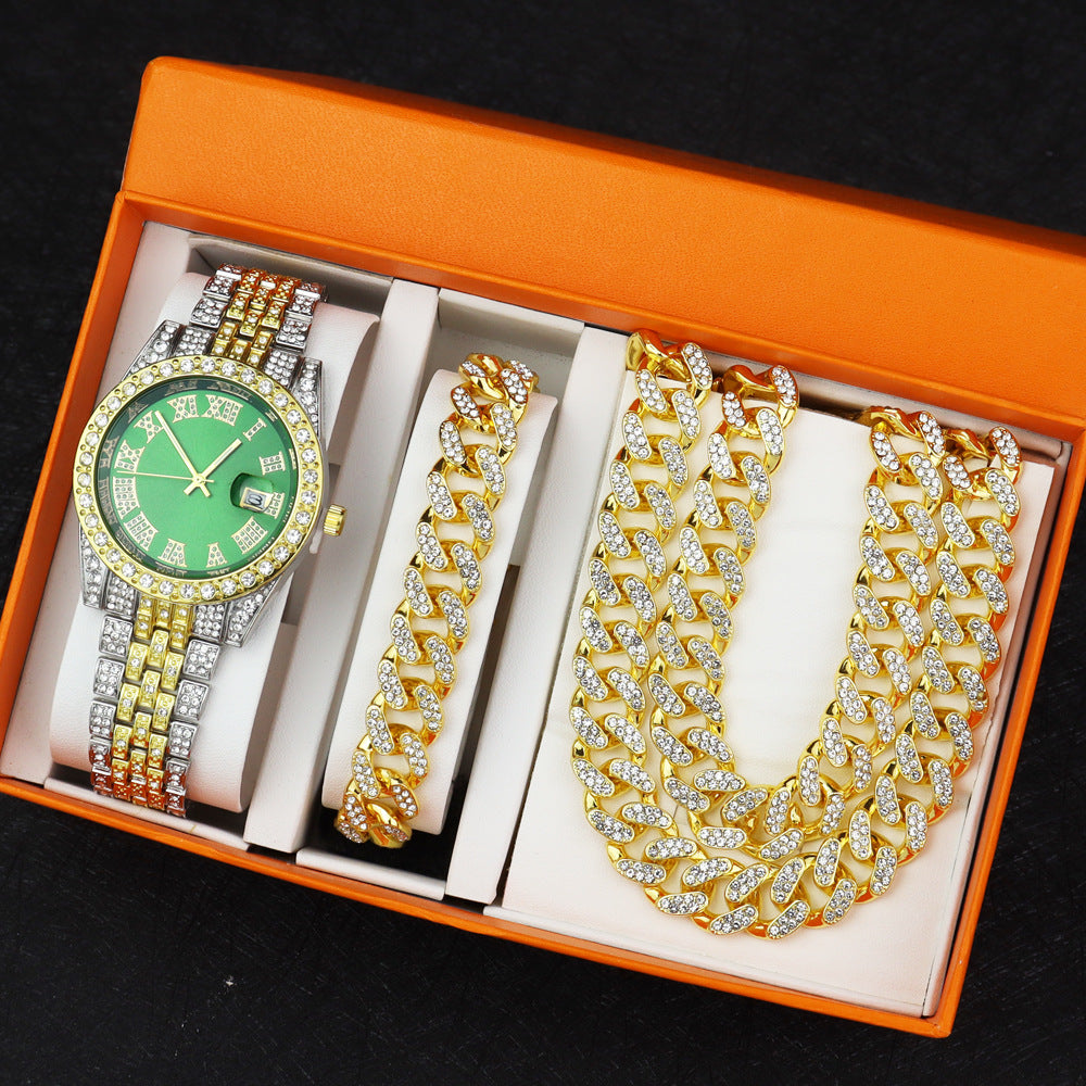 Hip Hop Quartz Watch with Cuban Bracelet and Necklace Set
