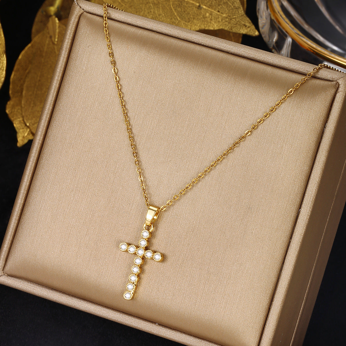 Gold Cross Necklace Set with Large Diamonds