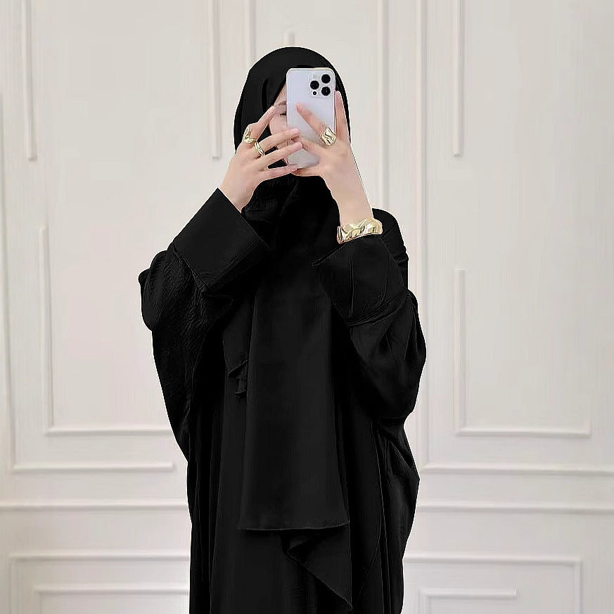 Loose and elegant solid-color long robe with headscarf dress