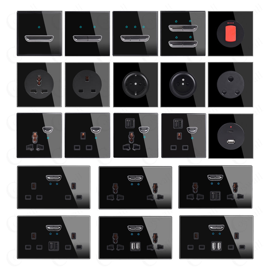 Black Glass Panel Toggle Switch with LED Wall Socket Set