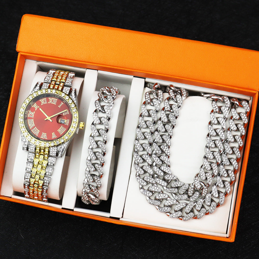 Hip Hop Quartz Watch with Cuban Bracelet and Necklace Set