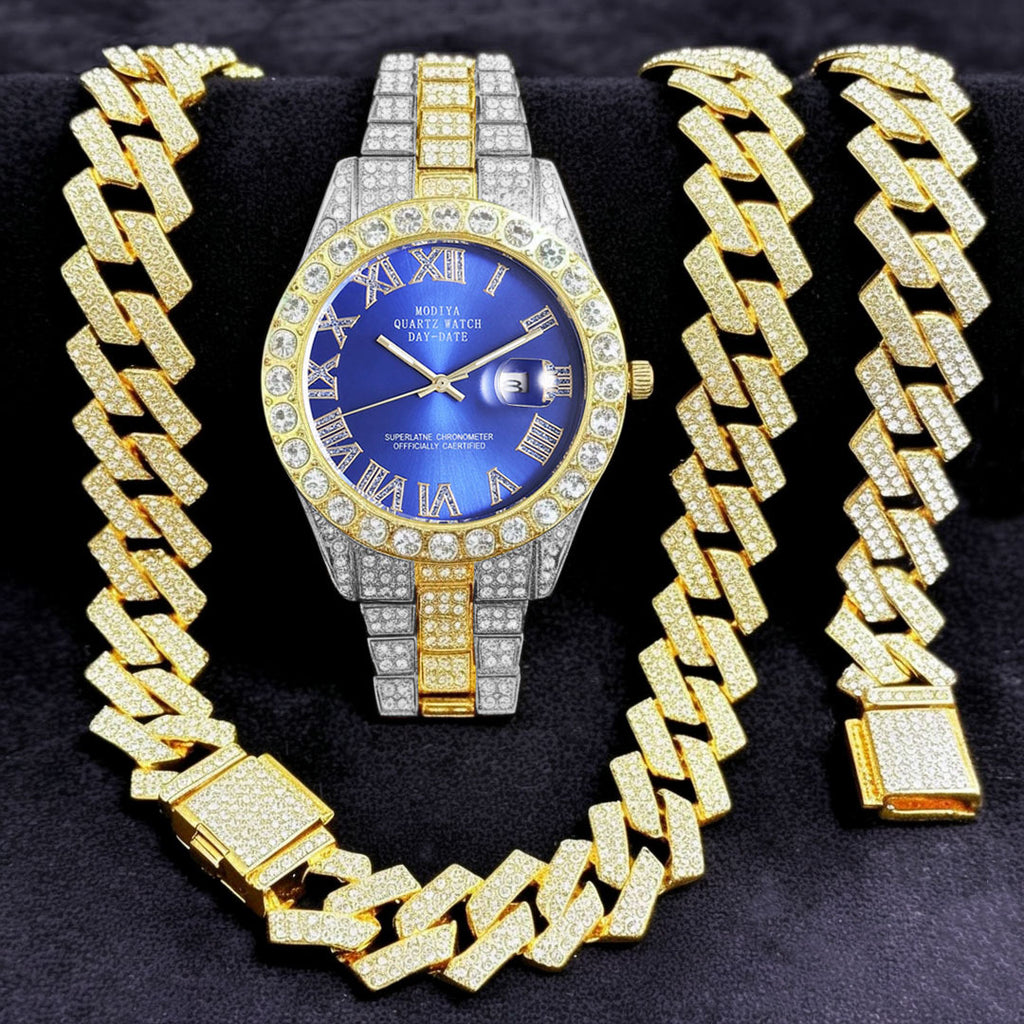 Diamond Cuban Chain Watch Bracelet Necklace Set