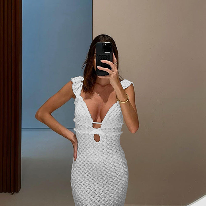 Women's Sexy V-neck Knitted Backless Long Dress