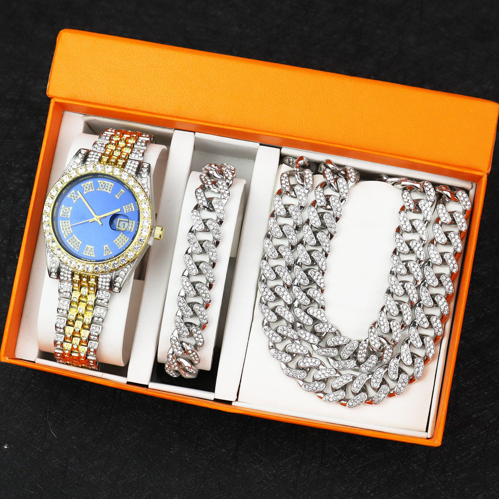 Hip Hop Quartz Watch with Cuban Bracelet and Necklace Set