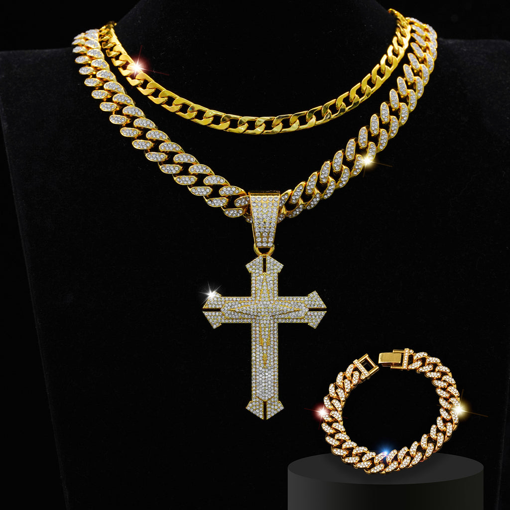 Hip Hop Cross Pendant Necklace and Bracelet Set