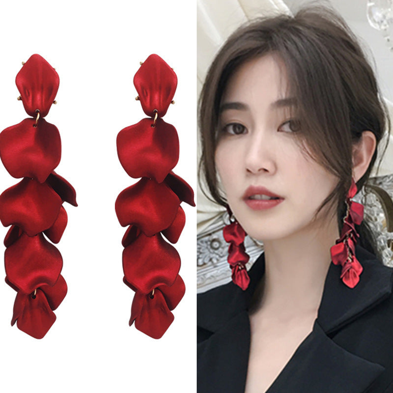 Korean S925 Silver Needle Long Rose Petal Tassel Earrings Retro Simple Exaggerated Atmosphere Internet Celebrant Flower Earrings