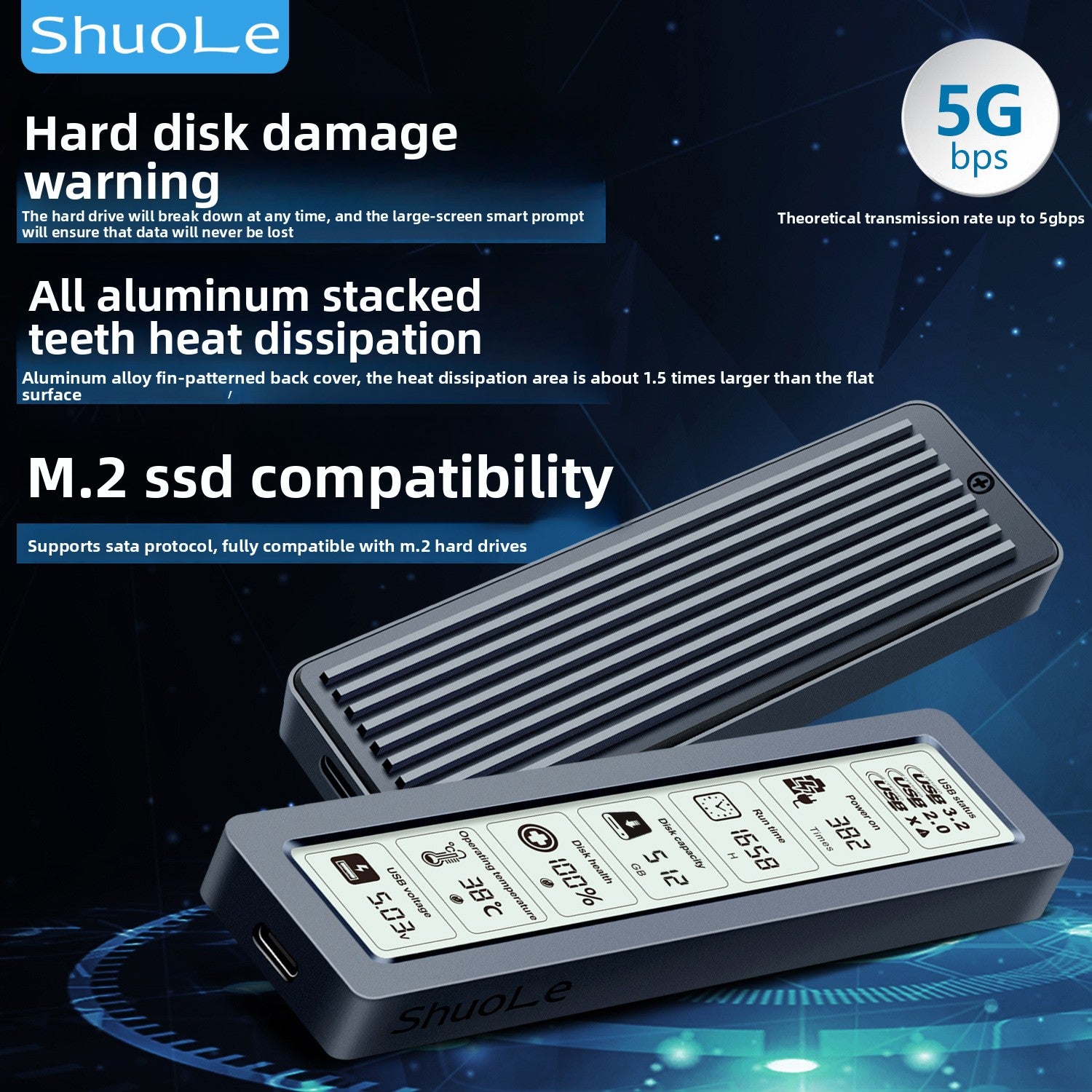 M.2 Smart Screen Display SSD Enclosure USB