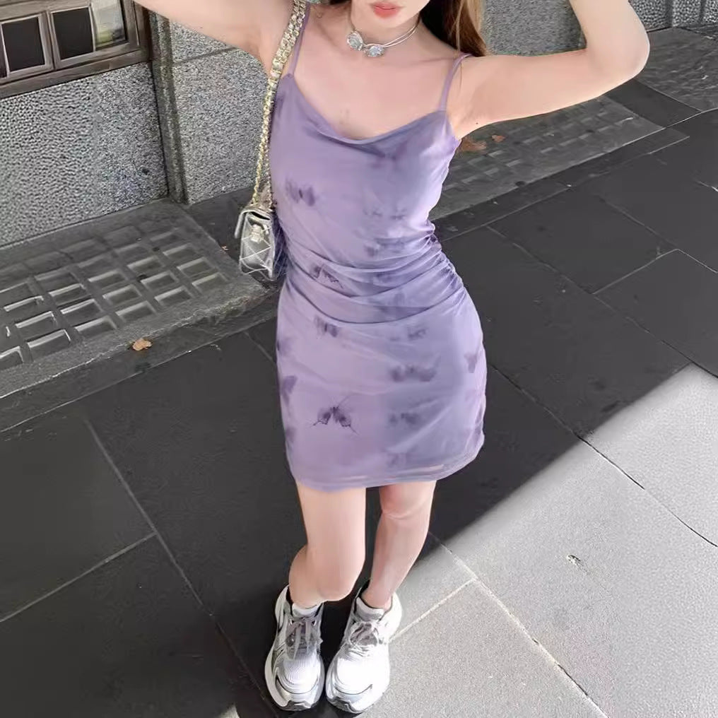 French Purple Floral Strap Dress