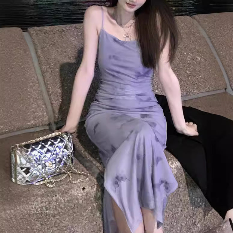 French Purple Floral Strap Dress