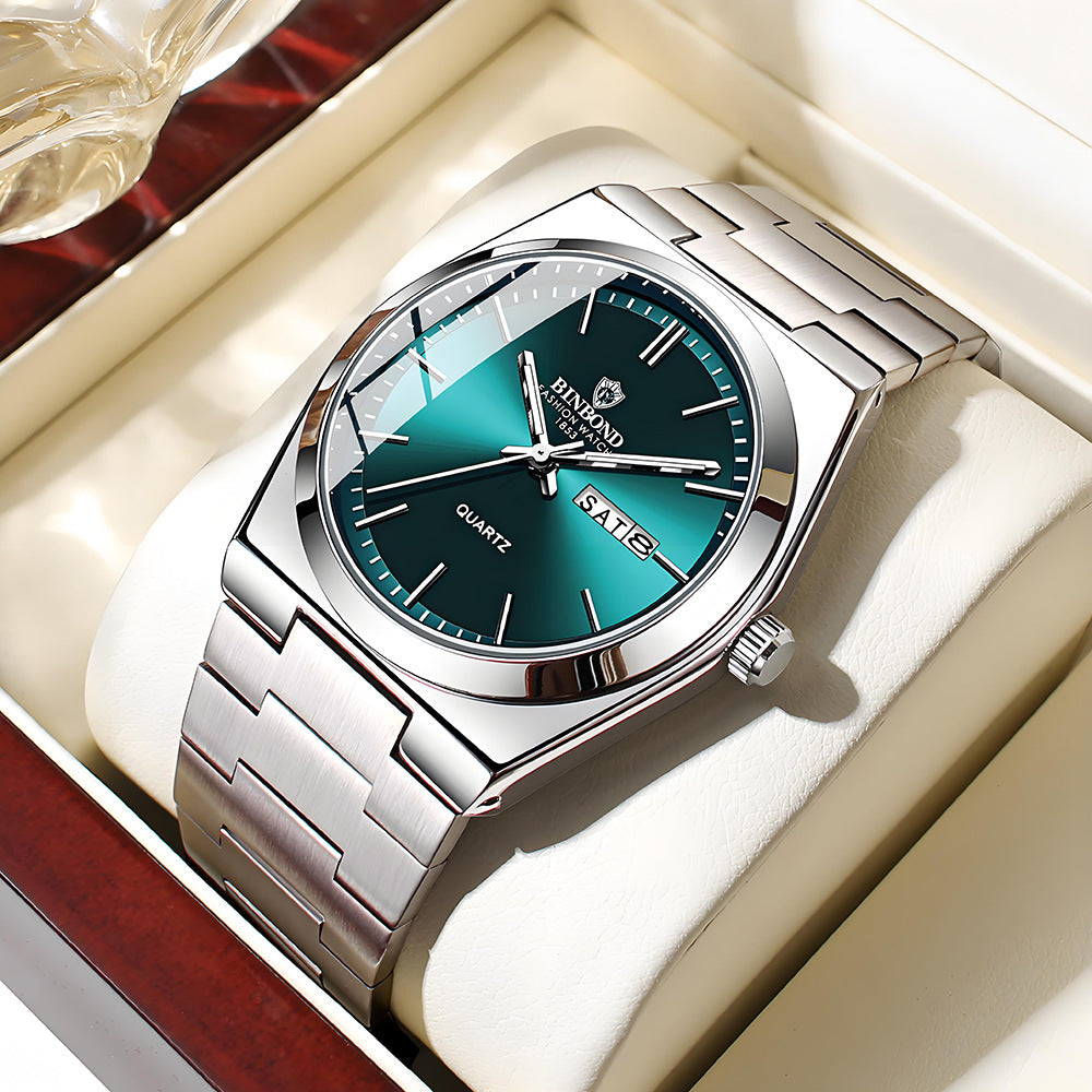 Binbang Stainless Steel Men's Quartz Watch with Double Calendar