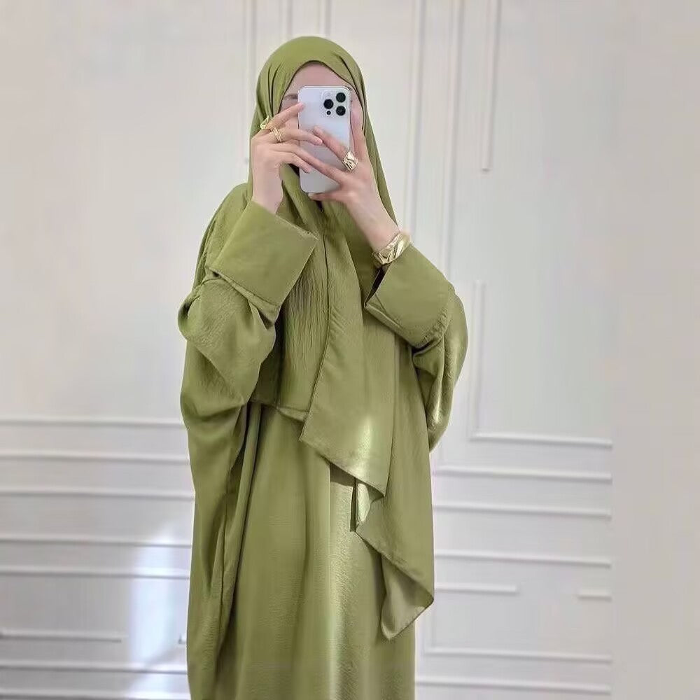 Loose and elegant solid-color long robe with headscarf dress