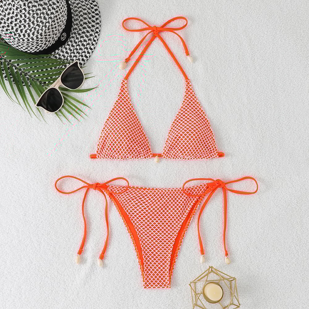 Cross-border 2025 foreign trade split bikini three-point hanging neck lace-up swimsuit fashion backless small chest gathered swimsuit