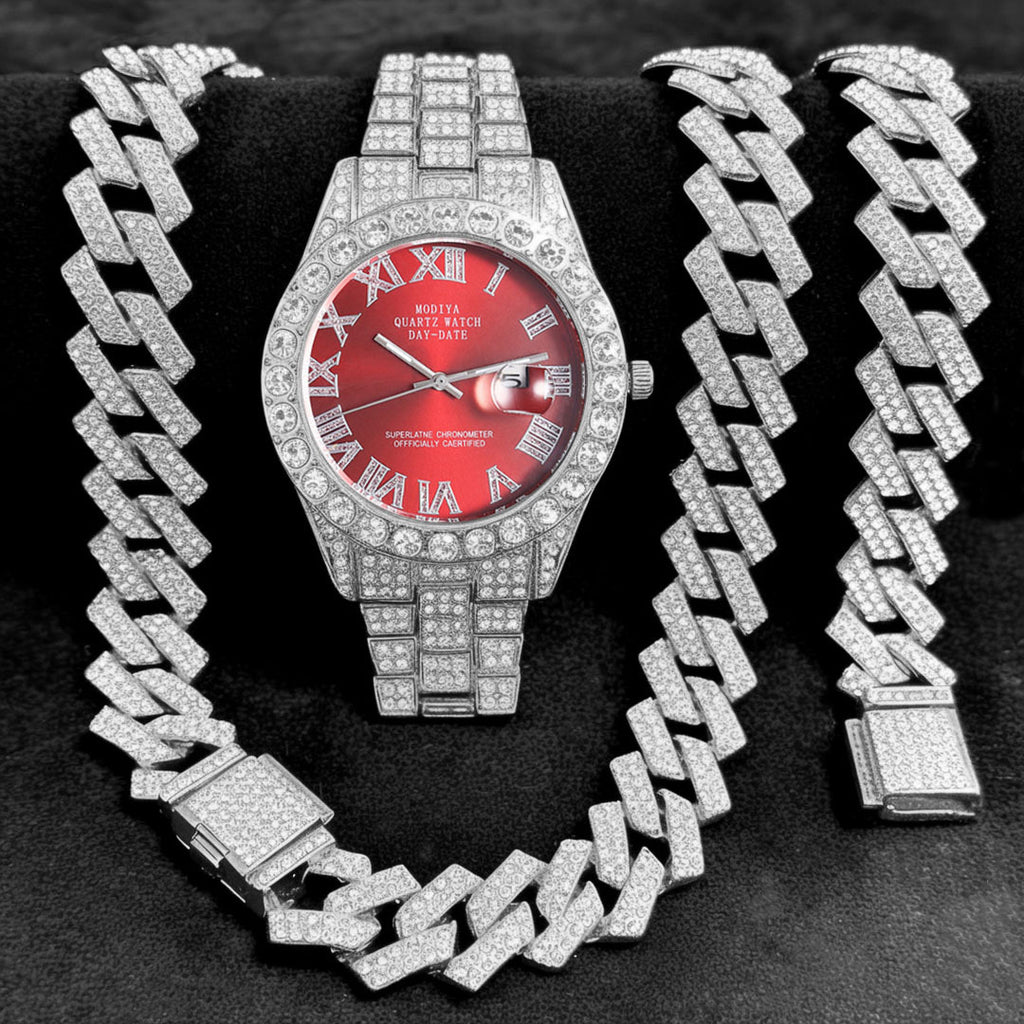 Diamond Cuban Chain Watch Bracelet Necklace Set