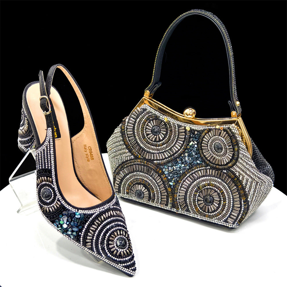Rhinestone high-heeled pointed-toe sandals and an irregular-shaped handbag