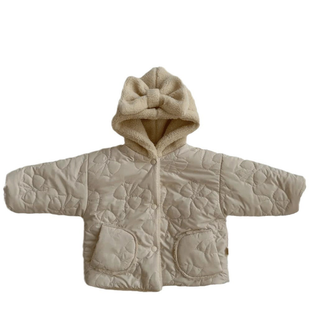 Ins Korean Style Autumn and Winter New Baby Girl's Thickened Hooded Cotton-padded Jacket Girl's Lamb Fleece Floral Cotton-padded Jacket
