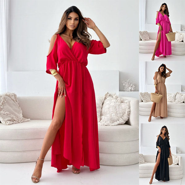 Off-Shoulder Bell Sleeve V-Neck Ruffle Split Dress