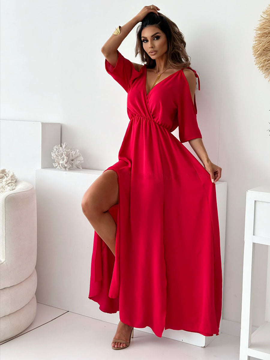 Off-Shoulder Bell Sleeve V-Neck Ruffle Split Dress