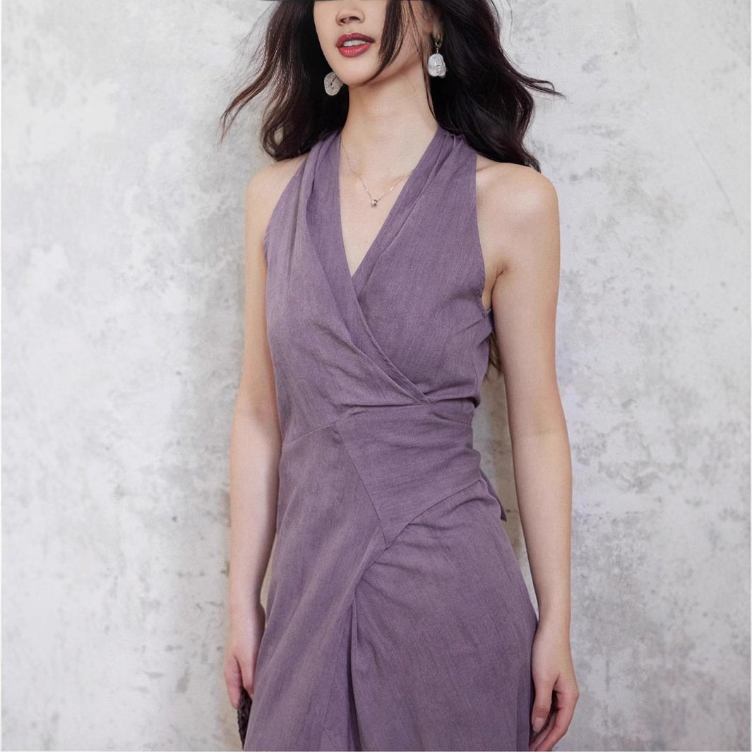 A stylish purple V-neck halter-neck long dress with a lace-up design for women