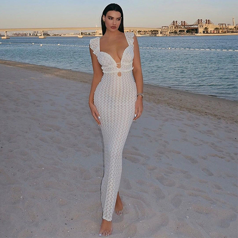 Women's Sexy V-neck Knitted Backless Long Dress