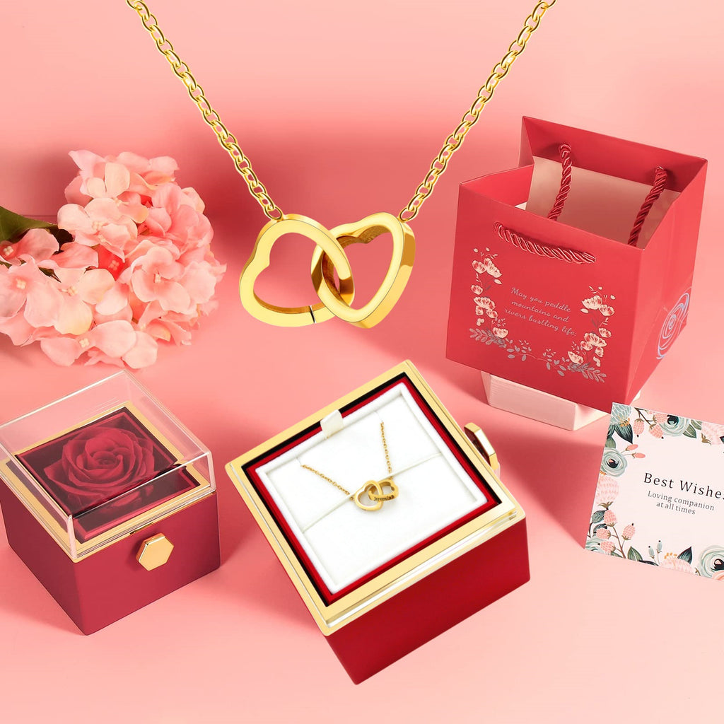 Double Heart Engraved Flip Rotating Necklace with Gift Box