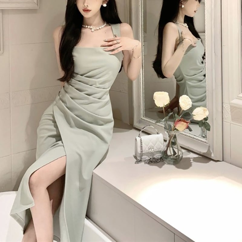 Elegant Satin Bodycon Dress - Summer Square Neck Sleeveless Midi Dress