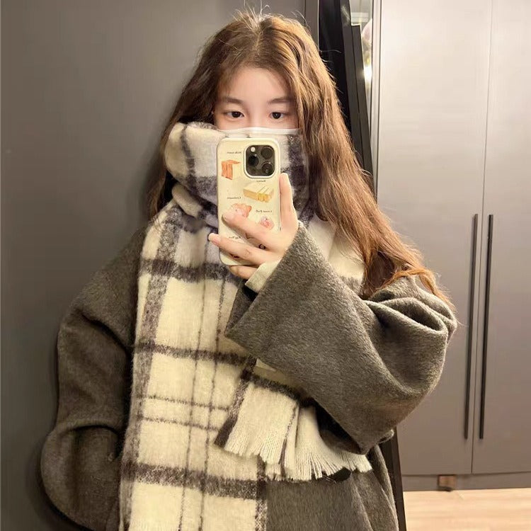Soft Imitation Cashmere Plaid Scarf with Tassels for Winter