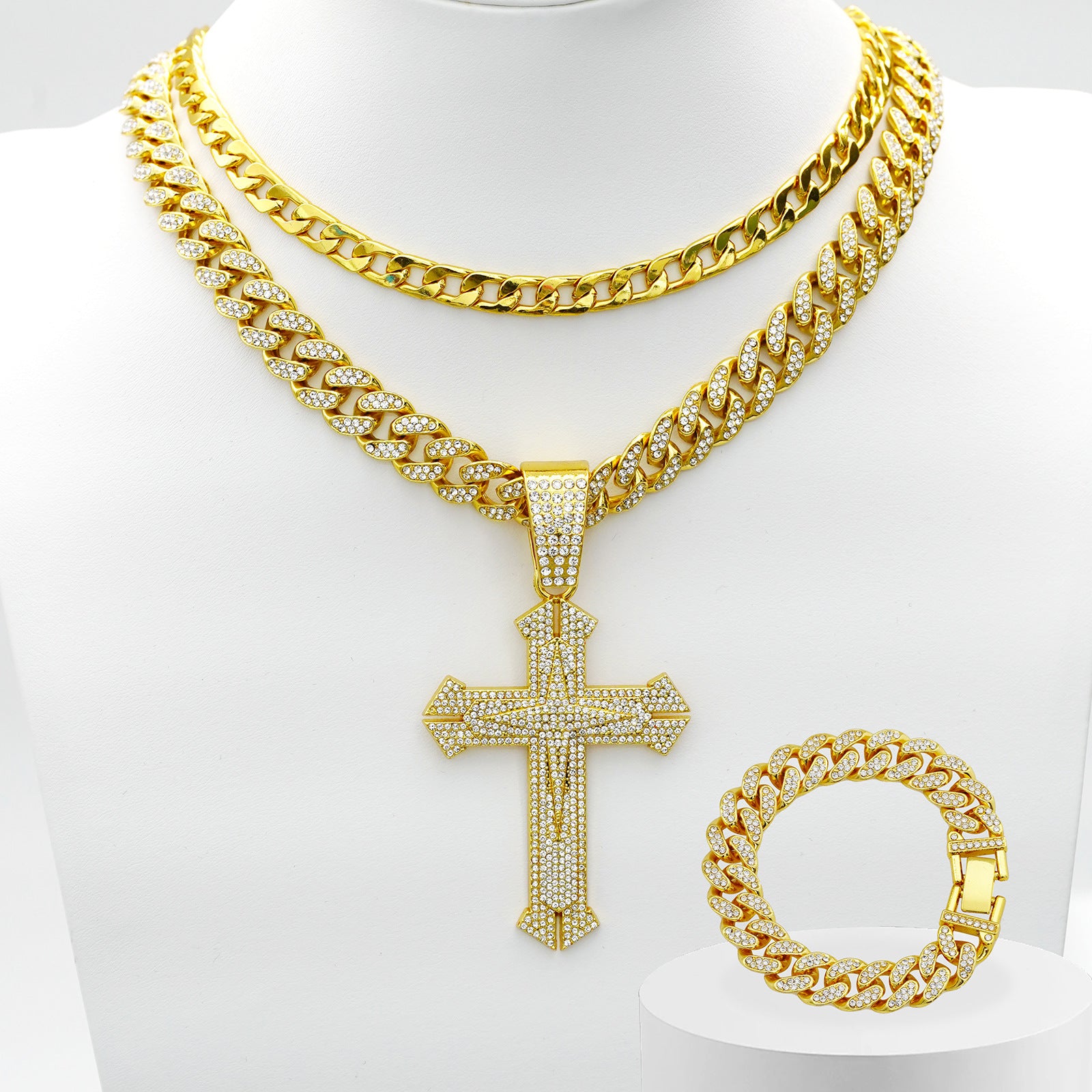 Hip Hop Cross Pendant Necklace and Bracelet Set