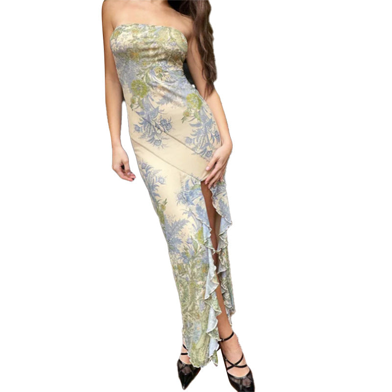 European and American retro style mesh printed strapless dress