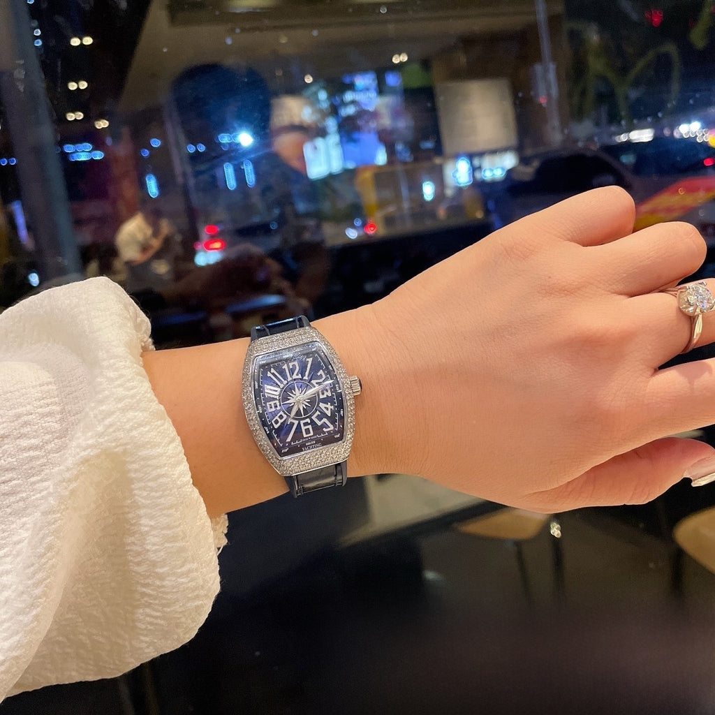 Barrel-Shaped Quartz Women's Watch with Diamond Accents