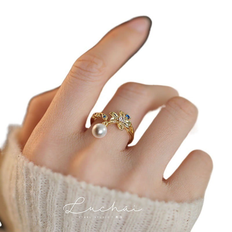 Fashionable artificial pearl zircon flower ring
