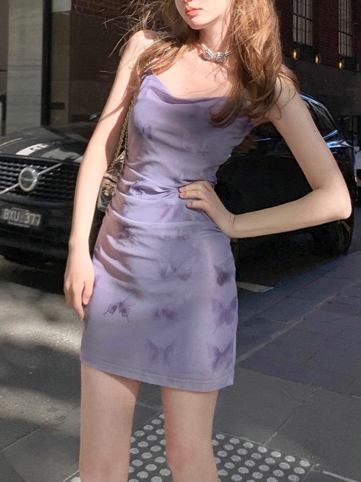 French Purple Floral Strap Dress